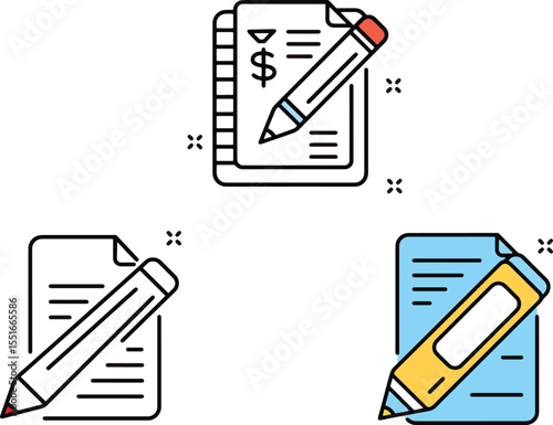 Essential Business Note-Taking and Planning Icons Pencil, Notepad, and Document