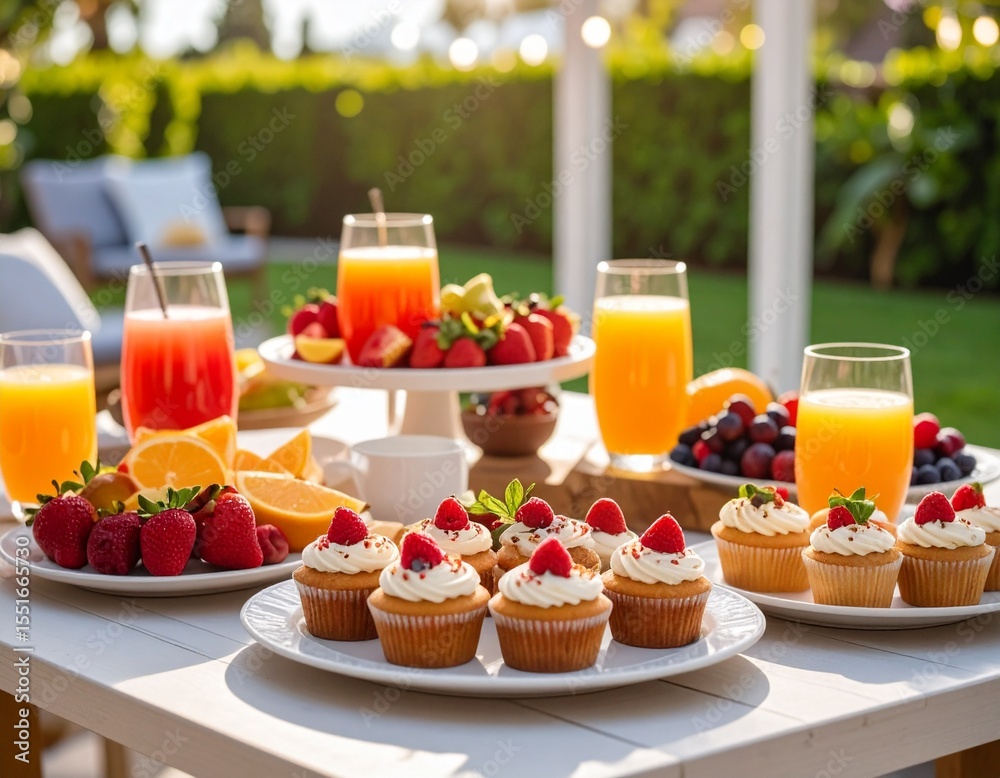 Obraz premium Goûter festif avec cupcakes, plateau de fruits et jus de fruits, servi en terrasse dans un jardin. Generated image
