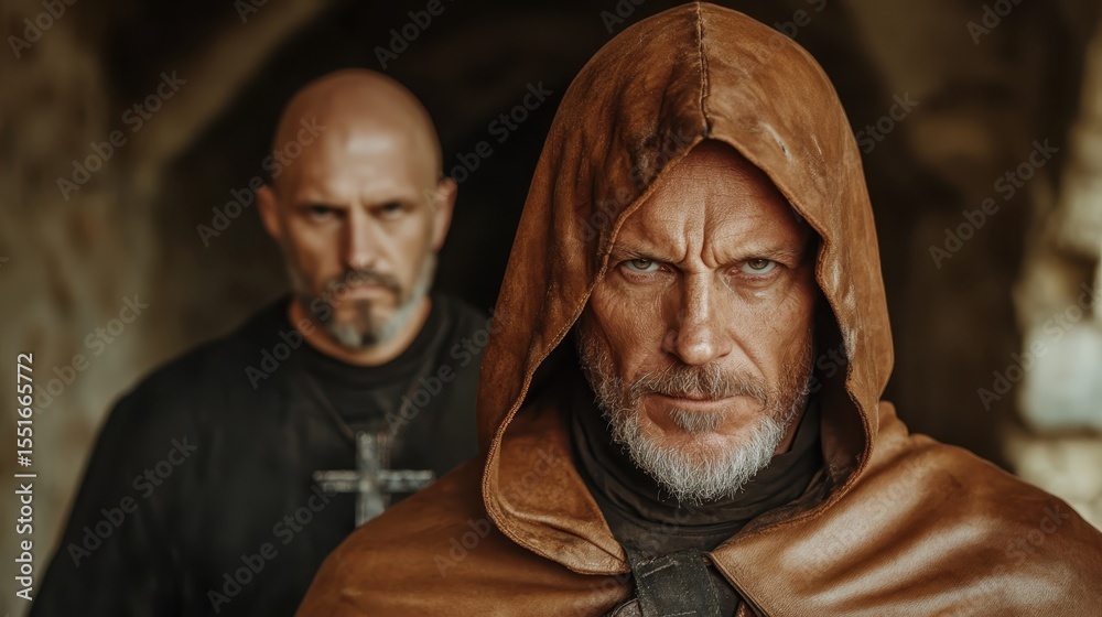 Naklejka premium Two enigmatic figures in a cloaked atmosphere, showcasing tension and intrigue in a historic setting. The contrasting emotions evoke a sense of adventure and storytelling.