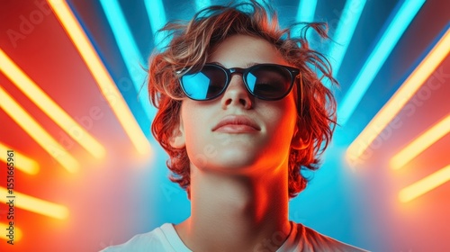 A confident young adult wearing sunglasses stands amidst vibrant neon-lit backgrounds, showcasing modern youth culture and the impact of stylish aesthetics on self-expression.