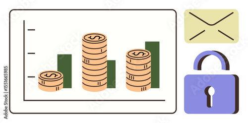Stacked coins on a bar graph highlight financial growth envelope and lock emphasize secure communication. Ideal for finance, business, analytics, cybersecurity, communication, investment, simple