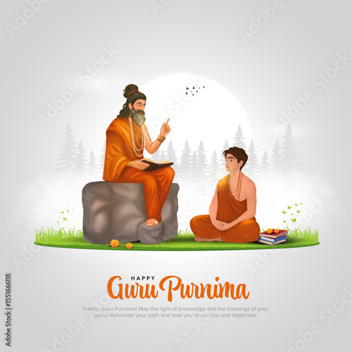 happy guru purnima poster featuring guru blessing disciple.