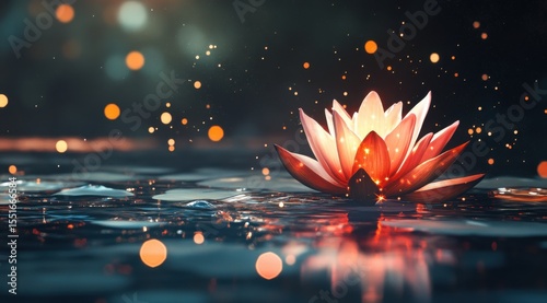 Lotus Flower Reflecting in Water with Bokeh Lights