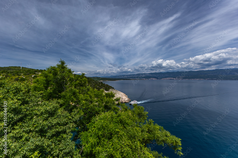Obraz premium Cityscape of Vrbnik town. Dramatic summer seascape of Adriatic sea, Krk island, Croatia, Europe. Beautiful world of Mediterranean countries.