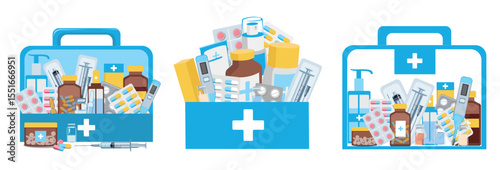 First aid kit filled with medicines. Tablets, capsules, ointments, ampoules, syringes, vials with medicines in a box. Set vector illustration isolated on white background.