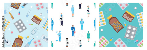 Medical staff, medicine and pharmacy in seamless pattern with doctors and nurses, pills, capsules, ampoules and tubes. Set of vector backgrounds in flat style.