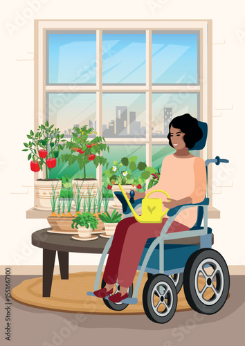 Happy girl growing vegetables on a windowsill. Growing vegetables and berries at home on a balcony or windowsill. Vector illustration.