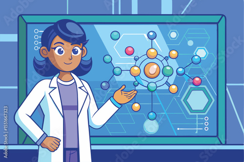 Female Scientist Presenting Molecular Structure on High-Tech Interactive Screen