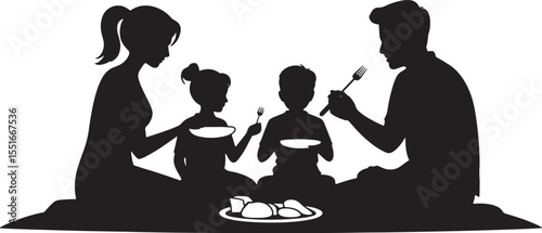 Black Silhouette Family Eating Meal Together Dinner Time white