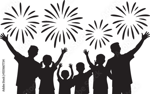 Black Silhouette Family Watching Fireworks Celebration vector