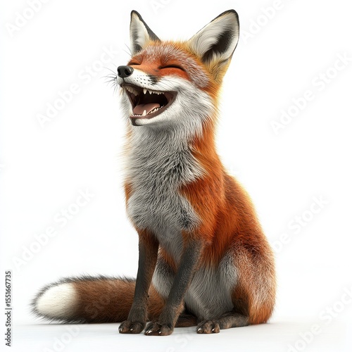 Joyful Red Fox Sitting On White Background Studio Shot