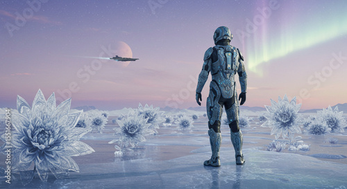 Astronaut on Alien Planet Futuristic Sci-Fi Landscape with Crystal Flora