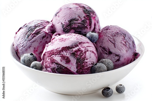 A photo of blueberry ice cream in a bowl against a blue background. Generative AI
