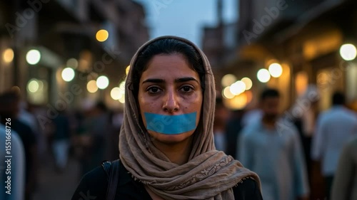 Muslim woman with blue tape over her mouth, symbolizing censorship and protest