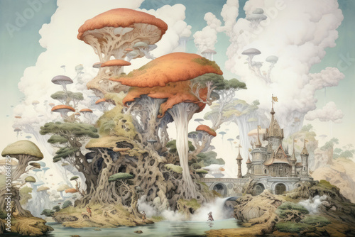 A fantastic landscape with majestic giant mushrooms growing among winding trees and misty valleys. 
