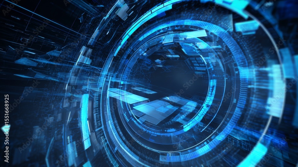 Obraz premium Futuristic circular interface with glowing concentric rings, digital elements, and abstract background in dynamic blue hues, creating a cybernetic, high-tech atmosphere.