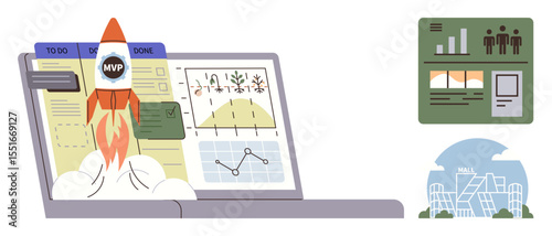 Rocket launching from laptop screen with charts and task board, symbolizing MVP development. Ideal for startup growth, innovation, business analytics, agile workflow, market research, data