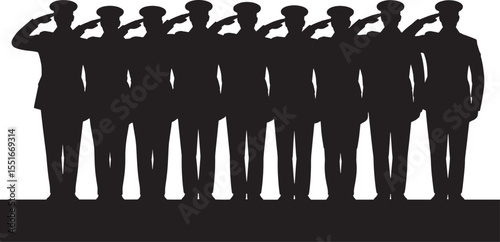 Black Silhouettes Eight Soldiers Saluting Uniform Group vector
