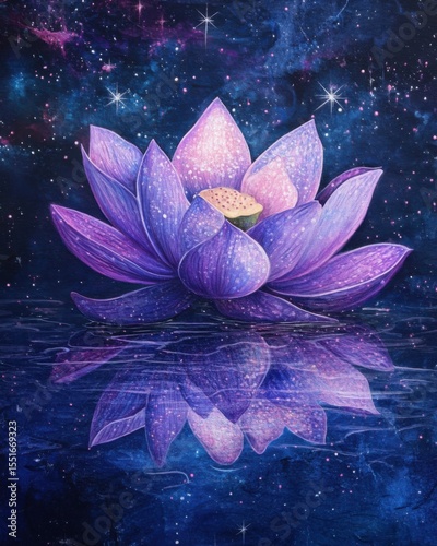 Purple Lotus Flower in Galaxy Water Reflection Art