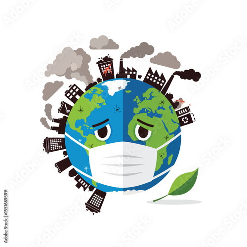 Planet Earth's Environmental Crisis: A depiction of Planet Earth wearing a mask, surrounded by factories spewing pollution, symbolizing the urgent environmental challenges.