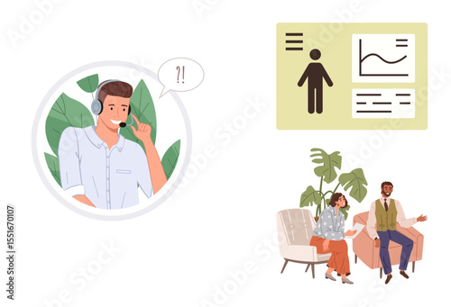 Man with headset assisting customer, infographic with data, couple discussing with therapist or counselor. Ideal for communication, teamwork, guidance, analysis, customer service, problem-solving