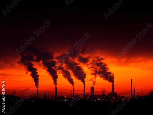 Factory chimneys releasing thick black smoke into the sky at sunset