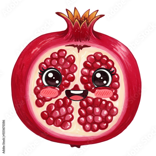 Cheerful Pomegranate A Kawaii Fruit Illustration isolated on transparent background
