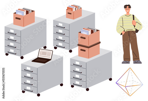 Rows of file cabinets holding boxed documents and a laptop, young professional with bag, geometric prism. Ideal for office organization, efficiency, professionalism, storage, workflow planning