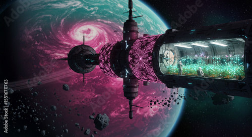 Futuristic Space Station Orbiting a Vibrant Planet