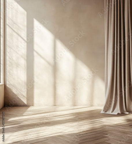 Minimalist Beige Room Interior With Sunlight Streaming Through Window