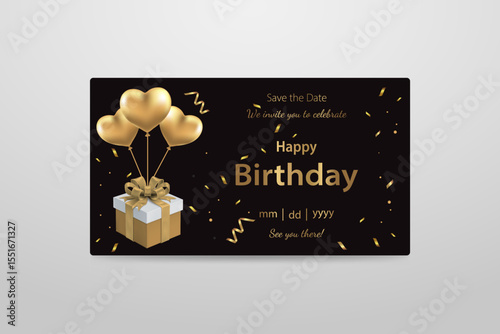 Black Birthday Invitation Template with Gift Box and Golden Heart Balloons