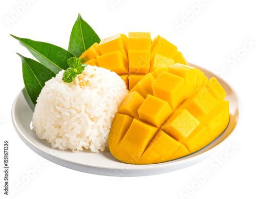Delicious mango with sticky rice dessert plate.