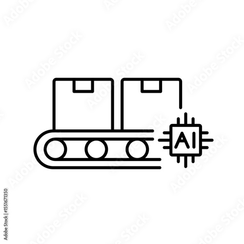 A vector icon of a conveyor belt with an AI chip, representing AI-powered logistics automation, created in line style with editable stroke
