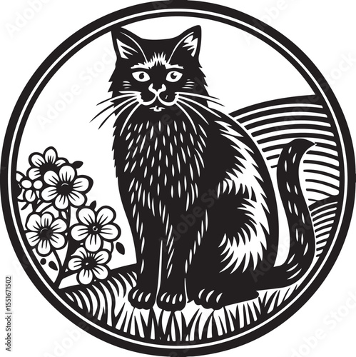 Cute black cat illustration: a lovable cartoon kitten silhouette with a heart, sitting on a branch