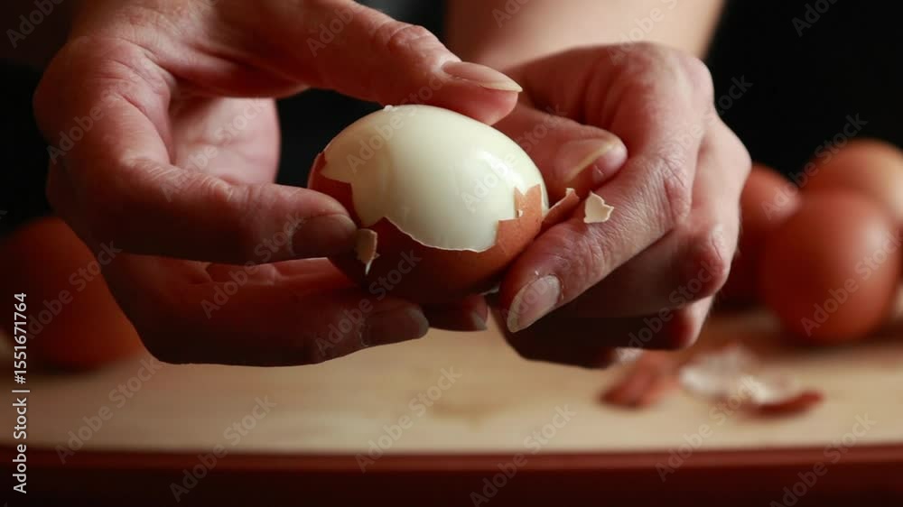 woman hands peeling hard boiled egg close up