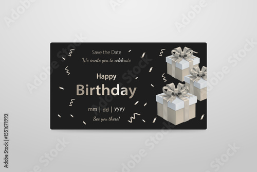 Black Birthday Invitation with Silver Gift Boxes and Confetti
