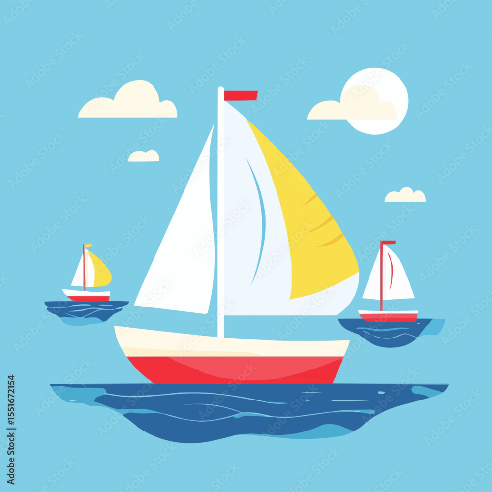 Fototapeta premium flat naive illustration of simple toy sailboats on blue water, ideal for children’s prints, summer decor and packaging