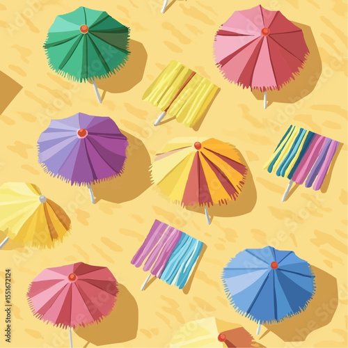 Flat vector background with beach umbrellas with fringe on yellow sand, great for summer decor, travel packaging and kids beach themes