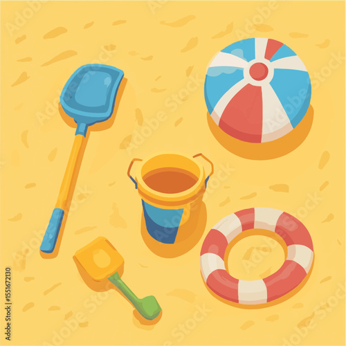 flat naive top-down illustration of simple colorful beach toys: bucket, shovel, beach ball and float ring on yellow sand, ideal for kids summer prints, packaging and holiday designs