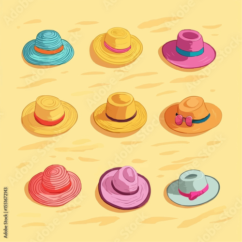 Flat vector background with cute sun hats on sand, perfect for kids summer designs, beach-themed packaging and vacation prints