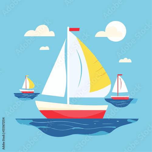 flat naive illustration of simple toy sailboats on blue water, ideal for children’s prints, summer decor and packaging
