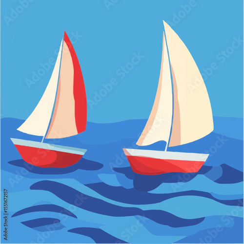 Flat vector background with playful toy-like sailboats on blue water, ideal for children’s prints, summer decor and packaging