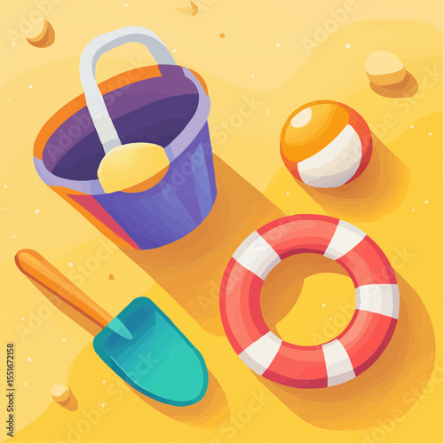 Flat vector background with playful beach toys: bucket, shovel, beach ball and float ring on sand, ideal for kids summer prints, packaging and holiday designs
