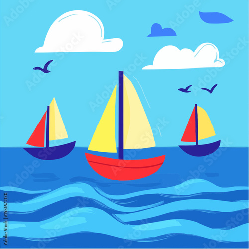 Flat vector background with playful toy-like sailboats on blue water, ideal for children’s prints, summer decor and packaging