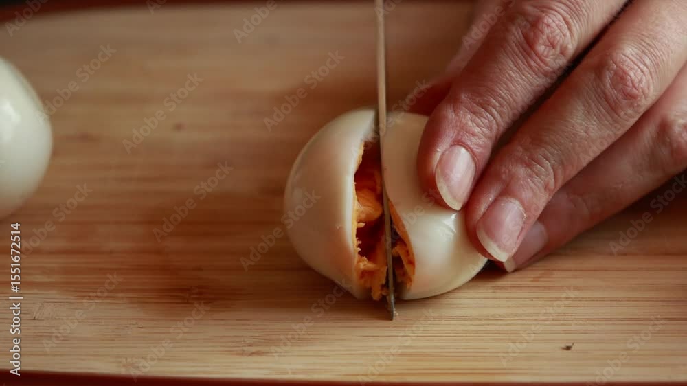 woman hands slicing hard boiled egg in half on wooden cutting board close up