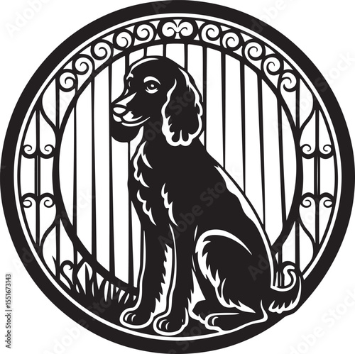 Cute cartoon puppy and kitten vector illustration in a circle, isolated black and white drawing of domestic animals