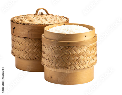 Traditional bamboo rice steamers filled with rice.