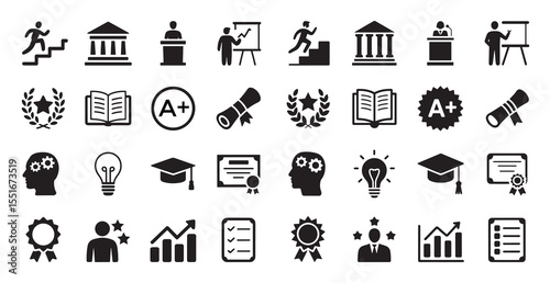 Academic and Education Icon Set, Graduation, Books, Certificates, Achievements, Learning, Progress, and Success Symbols for Educational Content