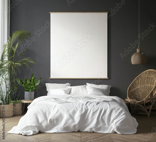 Modern Minimalist Bedroom Interior Design With White Bedding Dark Walls And Tropical Plants
