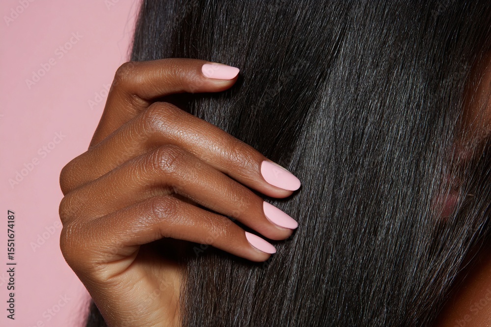 Fototapeta premium A close-up shot of the hand of a woman who worked on pink nail art touching her hair with her hands. Generative AI 